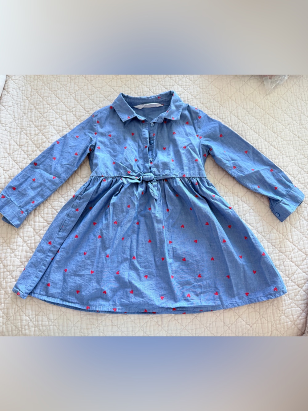 H&M Light Blue Long-Sleeve Dress with Pink Heart Print